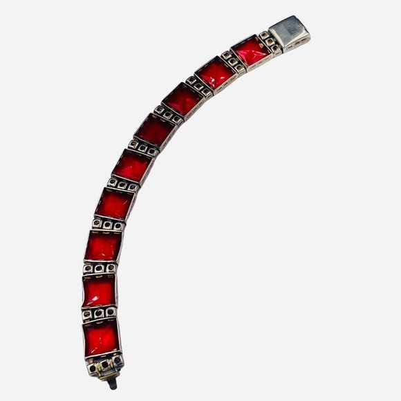 Authentic Art Deco Red  and Clear Glass Link Bracelet Silver Tone Metal - Picture 6 of 6